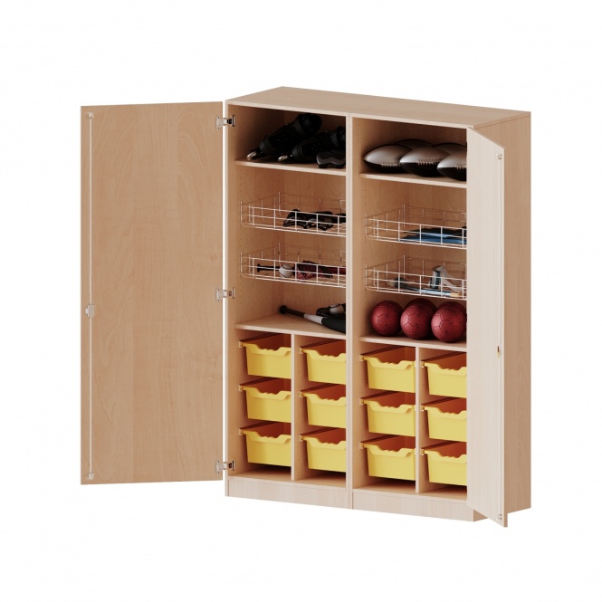 Sportschrank, 5 OH, 4 Ballkörbe, Halterungen an den Türen, 12 hohe Boxen, B/H/T 140,6x190x60cm 